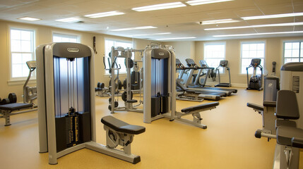 "Interior of a CrossFit gym featuring industrial-style design elements, open spaces, and equipment like barbells, kettlebells, pull-up bars, and ropes, creating a functional and dynamic workout enviro