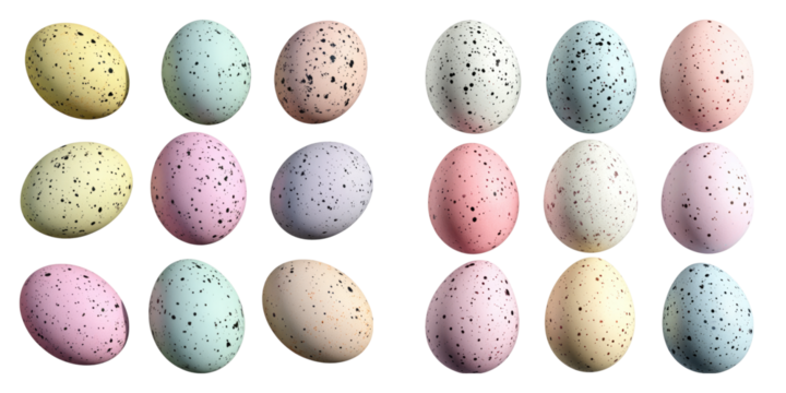 Collection of easter eggs in pastel isolated on transparent background, PNG die-cut, Set of