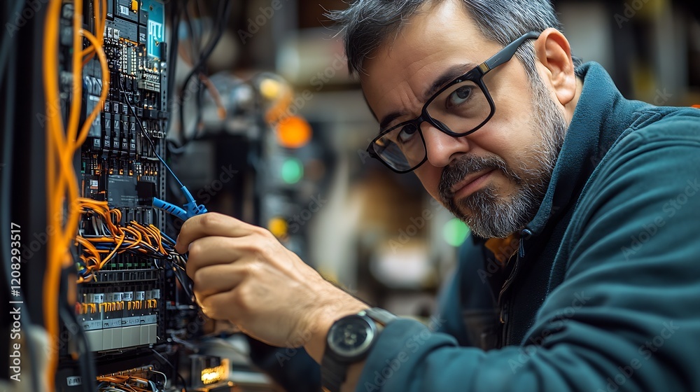 Poster mature engineer technician examining electrical systems for precise installation and maintenance in 