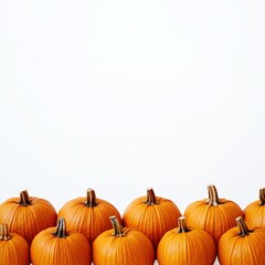 Obraz premium A row of bright orange pumpkins arranged neatly against a white background, showcasing minimalist seasonal charm. Perfect for festive autumn and rustic harvest themes.
