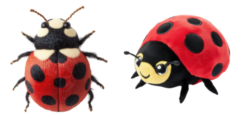 Colorful ladybug plush toy isolated on transparent background, PNG die-cut, Set of