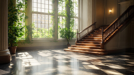 Sunlit grand staircase with indoor plants and large windows
