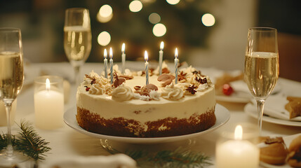 Naklejka premium A delicious birthday cake with lit candles sits on a table surrounded by champagne flutes and candles, creating a festive and celebratory atmosphere.