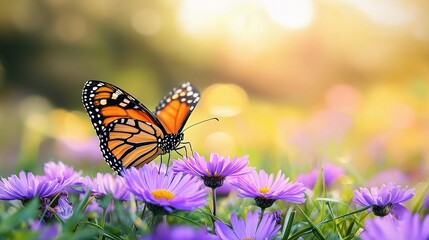 Obraz premium Monarch Butterfly on Aster Flowers: A vibrant monarch butterfly with its iconic orange and black wings rests gently on a bed of purple aster flowers, bathed in the warm glow of the sun.