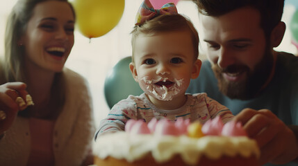 A baby girl with a face full of cake frosting sits between her laughing parents at her first birthday party. Balloons and a celebratory cake are visible.