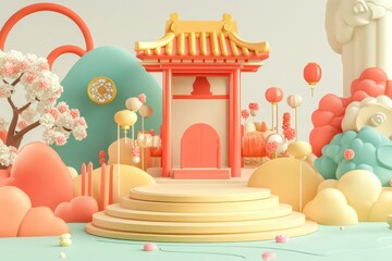 3d an empty stage for product, minimalist stage design style, Chinese architectures, made of clay, cartoon, cute