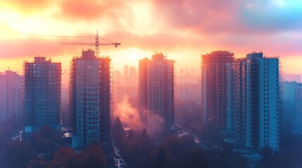 Fototapeta premium Active construction site showcasing high-rise buildings at sunset in a bustling urban area