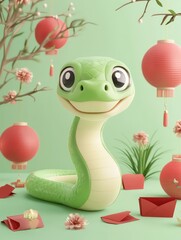 3D illustration of a cute cartoon snake in a pastel matcha green color scheme