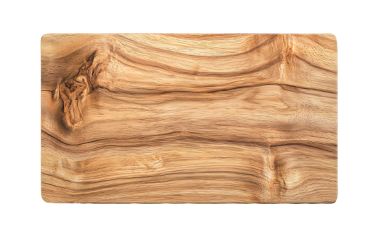 A rustic wooden cutting board with beautiful grain patterns, perfect for culinary presentations or kitchen decor. Ideal for food preparation and showcasing delicious dishes.