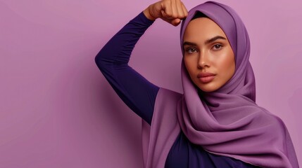 Accelerate Action banner with Muslim woman in hijab, copy space. Minimalist violet backdrop for International Womens Day 2025 with hand pose of strenght. AccelerateAction background. World Hijab.