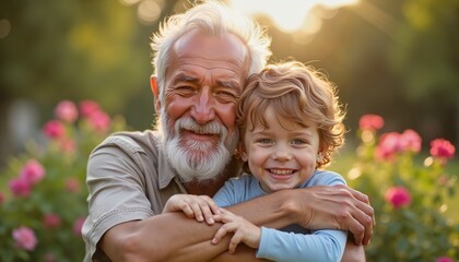Happy elder man hugging joyful boy in garden with pink flowers, expressing familial love