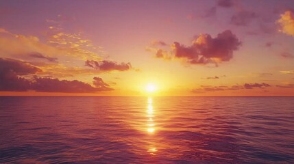 Vibrant sunset over a calm ocean with orange and pink hues reflecting on gentle waves, creating a serene and picturesque horizon. Perfect for tranquil and idyllic seascape themes.
