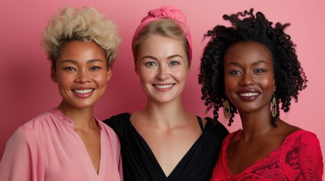 Diversity Women smiles on pink background. Zero or Elimination of Racial Discrimination, International Day of Human Fraternity. Happy Womens, Galentines or Singles Awareness Day with friends. - Powered by Adobe