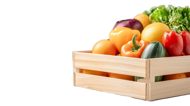 A vibrant wooden crate filled with fresh, colorful vegetables and fruits, showcasing nature's bounty, perfect for health and wellness themes.