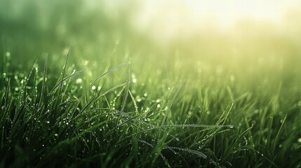 Fototapeta premium Fresh Green Grass on a Sunny Spring Day with Delicate Dewdrops