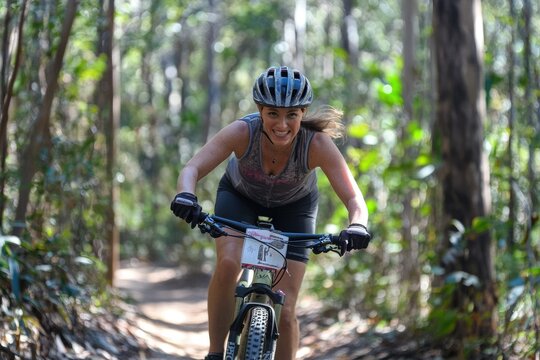 Smiling female mountain biker speeds through a sun-dappled forest trail.