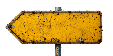 Rusty yellow road sign arrow pointing left isolated on transparent or white background, png