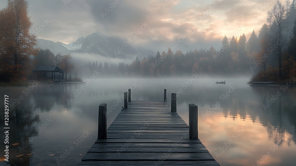 Poster enigmatic foggy lake with autumn trees and misty mountain surroundings : generative ai