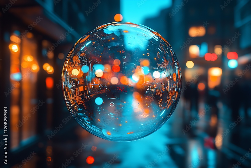 Poster futuristic urban reflection in illuminated city bubble at dusk : generative ai