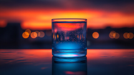 A clear glass of water with light reflecting on its surface symbolizing clarity and purity with a modern blurred background and empty space for caption at the bottom under backlighting from above

