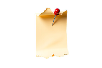 A blank, torn piece of paper pinned with a red push pin. Ideal for notes, reminders, or creative projects. Perfect for adding a personal touch to digital or print media.