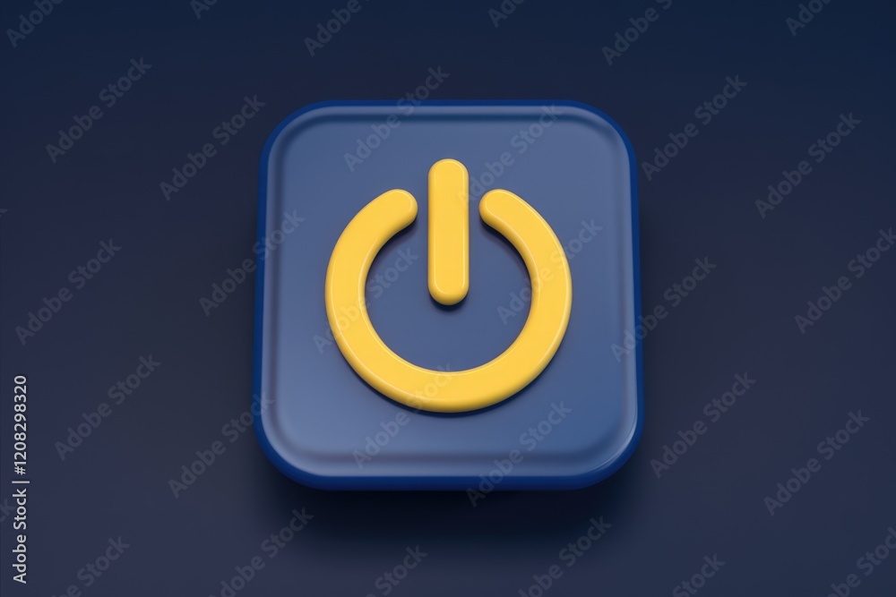 Poster a 3d rendered yellow power button icon on a dark blue square background.