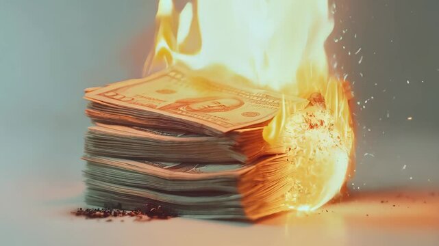 Thick stacks of 100 bills burning fiercely symbolize the devastating impacts of financial crises, inflation, and significant investment losses, capturing the essence of economic turmoil
