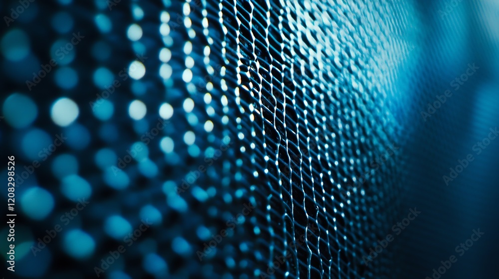 Poster Detailed Blue Electronic Mesh Texture with Dynamic Light Reflections and Grid Patterns : Generative AI
