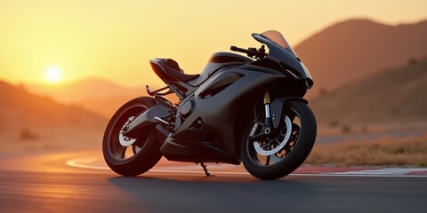 A sleek black motorcycle parked on a racetrack at sunset, showcasing its dynamic design and performance capabilities.
