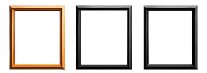 A collection of three picture frames in different styles: a warm wooden frame, a sleek black frame, and a minimalist empty frame, ideal for enhancing artwork presentation.