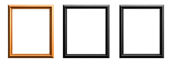 A collection of three picture frames in different styles: a warm wooden frame, a sleek black frame, and a minimalist empty frame, ideal for enhancing artwork presentation.