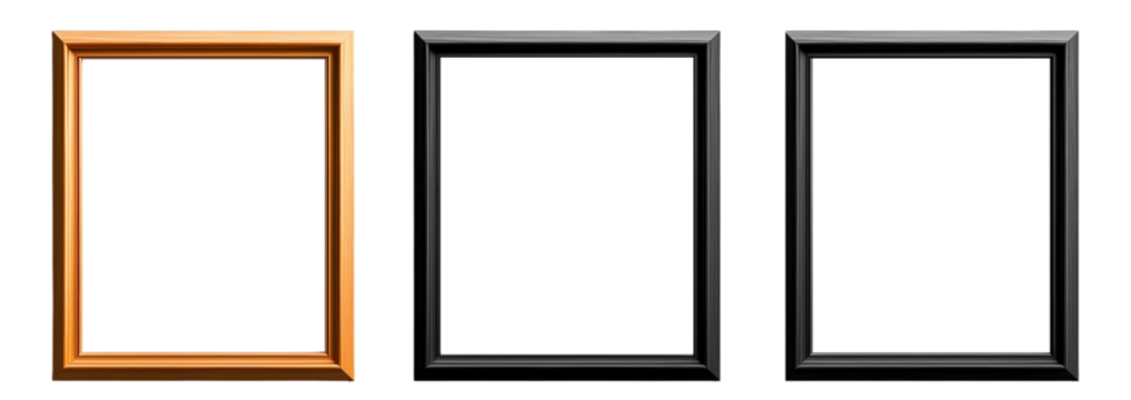 A collection of three picture frames in different styles: a warm wooden frame, a sleek black frame, and a minimalist empty frame, ideal for enhancing artwork presentation.