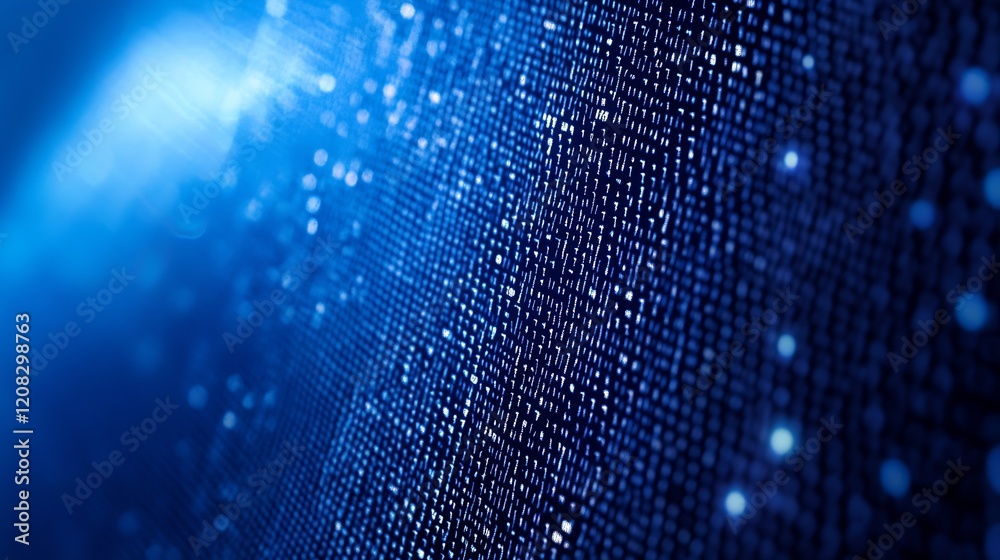 Poster Dark Blue Digital Light Patterns on Vertical LED Screen Creating High-Tech IT Background : Generative AI