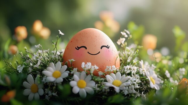 Cheerful easter egg with floral spring background for card design