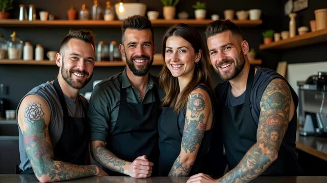 Group of cheerful baristas in apron working together in a modern cafe posing in front of the camera