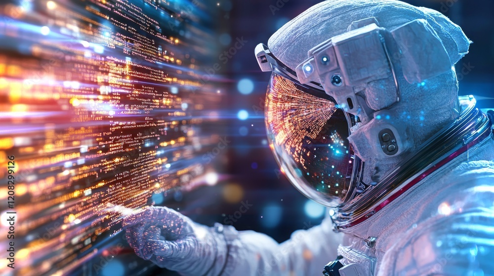 Poster astronaut engages with encrypted log files aboard a futuristic spacecraft in outer space