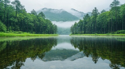 Serene Lake Reflection in Misty Mountains