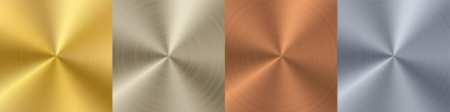 Silver gold circle gradient palette. Bronze aluminum brushed plate. Metal material radial glossy surface sheet. Holographic stainless steel texture background. Chrome platinum finish vector foil shine