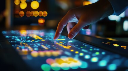Sound engineer mixing music on a digital audio mixer with touch screen in a recording studio at night, with city lights bokeh in the background