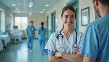 Smiling nurse with stethoscope in hospital hallway, symbolizing healthcare gratitude