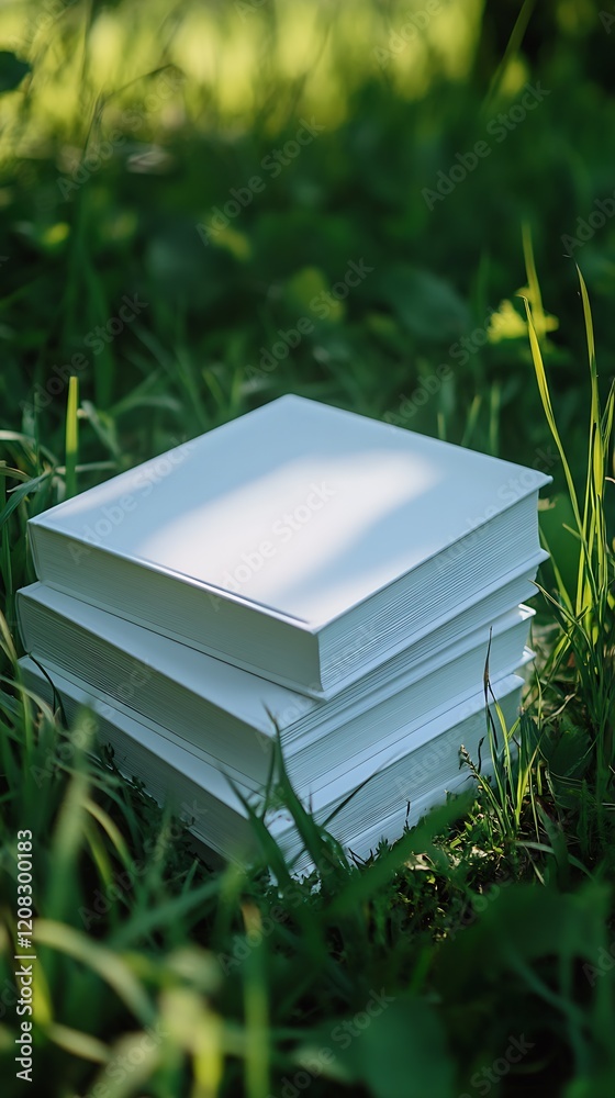 Poster Stack of Blank Books on Grass Capturing Serenity of Outdoor Reading Scene : Generative AI