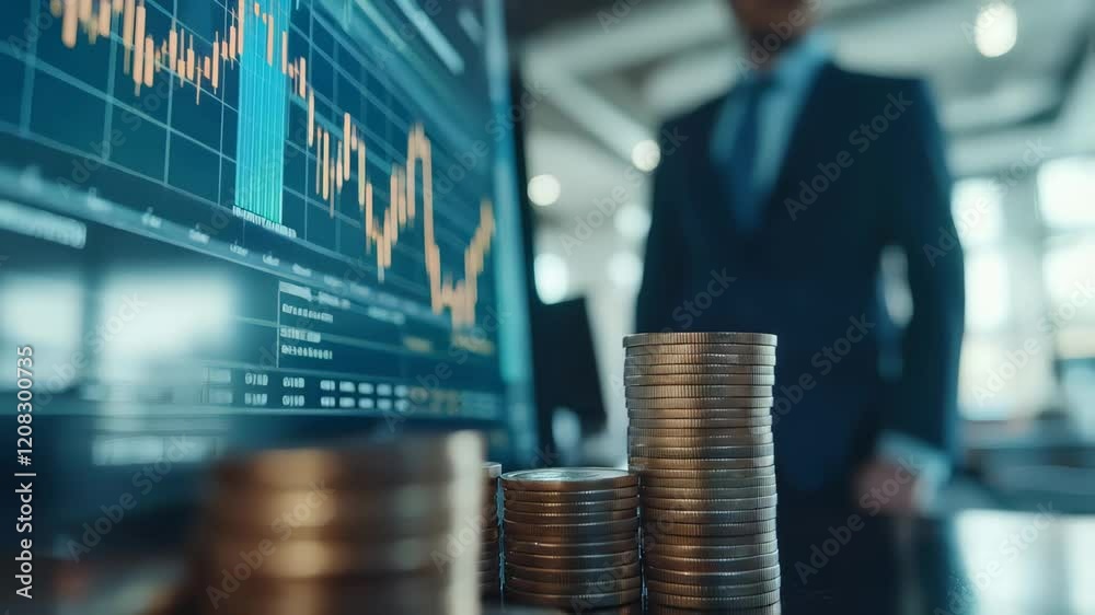 Poster Stacks of coins increasing in value symbolize successful cryptocurrency investment strategies, being analyzed by a stock market trader monitoring charts on a computer screen