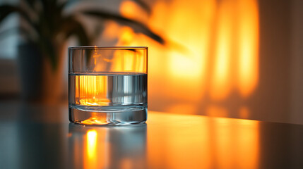 A clear glass of water with light reflecting on its surface symbolizing clarity and purity with a modern blurred background and empty space for caption at the bottom under backlighting from above

