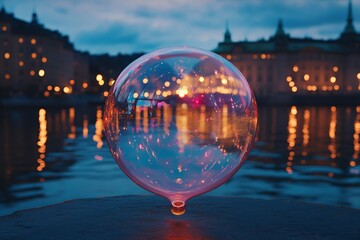 Enchanting Soap Bubble Reflects City Lights on a Waterfront Evening : Generative AI