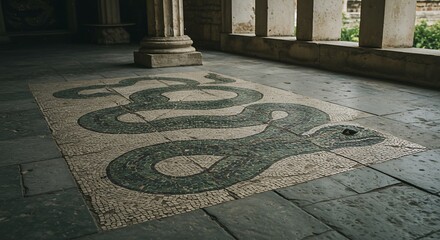 Fototapeta premium Ancient weathered stone floor mosaic featuring a dark serpentine snake design in a historic architectural setting, concept for cultural heritage display, historical travel promotion and ancient