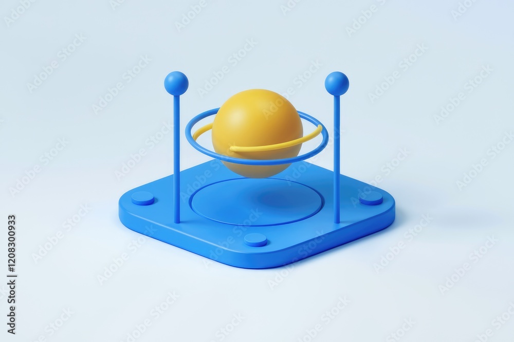 Poster a yellow sphere orbits within a blue, minimalist, 3d-rendered planetary model.