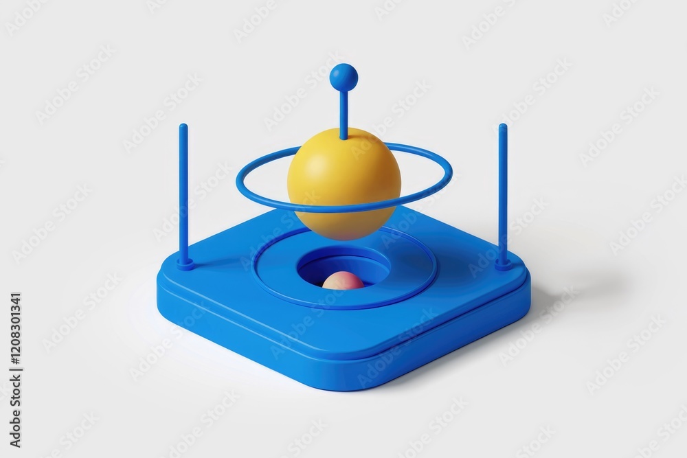 Poster a 3d render of a minimalist blue and yellow planetary model, orbiting a central point.