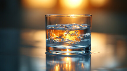 A clear glass of water with light reflecting on its surface symbolizing clarity and purity with a modern blurred background and empty space for caption at the bottom under backlighting from above


