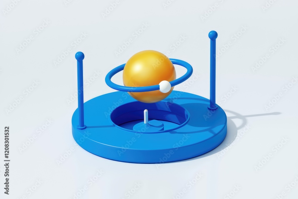 Poster a 3d render of a minimalist solar system model with a yellow sun and blue orbit.