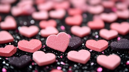 Pink Glitter Hearts Scattered On Dark Background